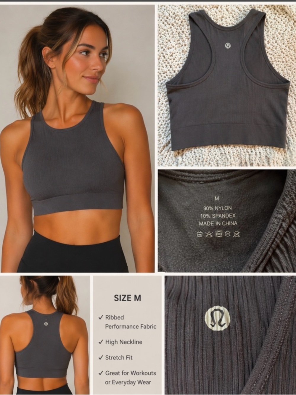 Lululemon Ribbed High Neck Sports Bra Sz M | Gray Align Athleisure Workout Top